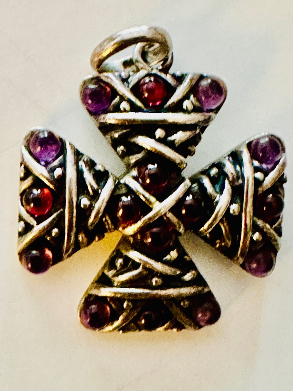 Maltese Cross Pendant Silver Victorian Gothic Faux Amethyst Garnet Stones